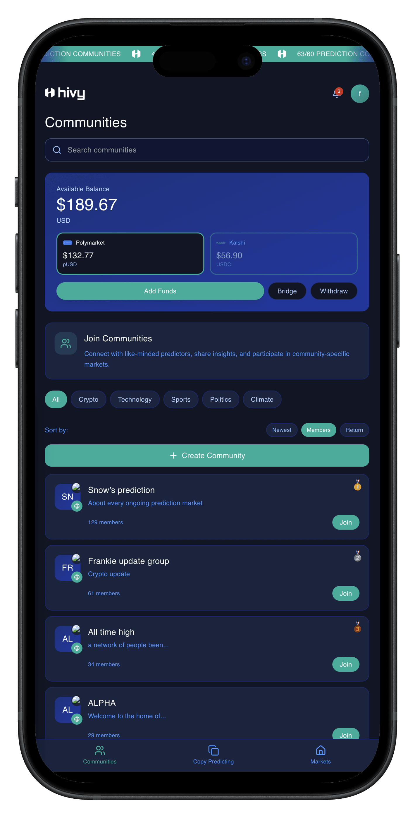 hivy app — Communities screen